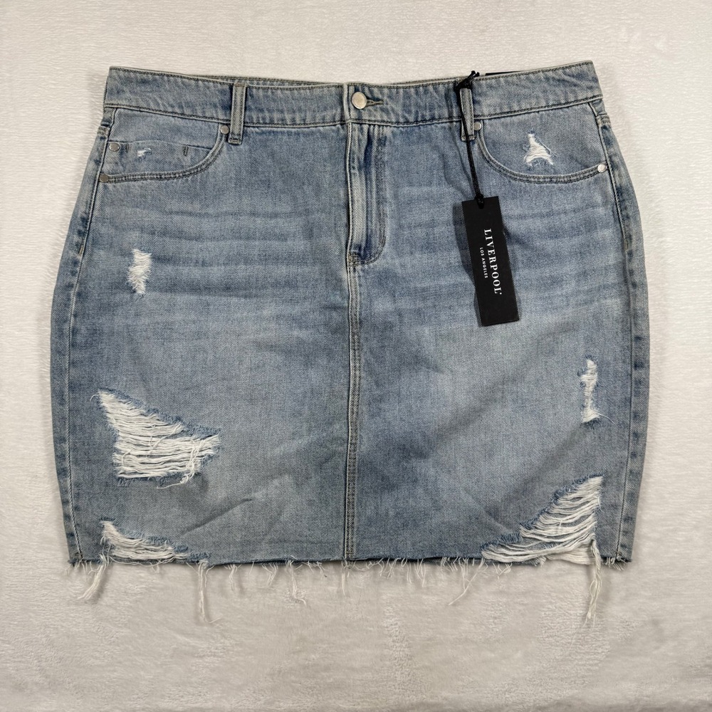 Liverpool Los Angeles Distressed Denim Mini Skirt Evanston Light Wash 16 NEW